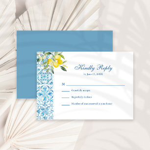 Mediterranean Blue Tiles & Lemon Wedding RSVP Card