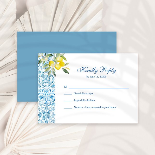 Mediterranean Blue Tiles & Lemon Wedding RSVP Card (Mediterranean Blue Tiles & Lemon Wedding RSVP Card on a sunny white dry palm leaf.)