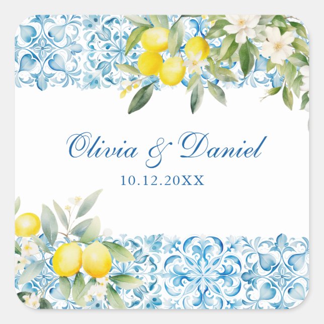 Mediterranean Blue Tiles & Lemon Wedding Square Sticker (Front)