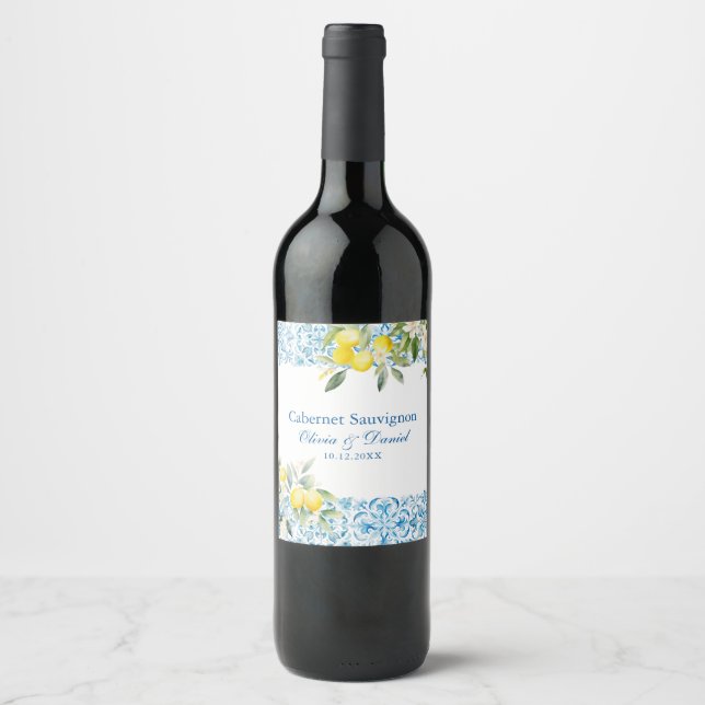 Mediterranean Blue Tiles & Lemon Wedding Wine Label (Front)