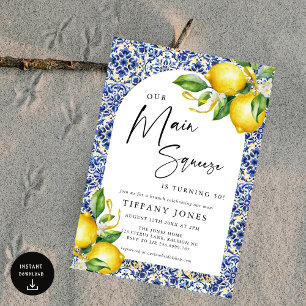 Mediterranean Blue Tiles Lemons 50th Birthday Invitation