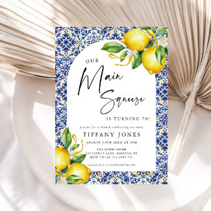 Mediterranean Blue Tiles Lemons 70th Birthday Invitation