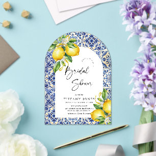 Mediterranean Blue Tiles Lemons Arch Bridal Shower Acrylic Invitations