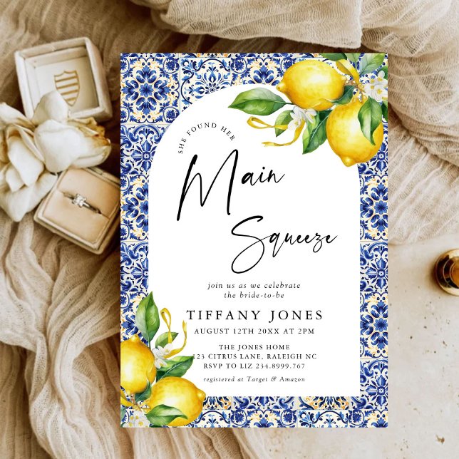 Mediterranean Blue Tiles Lemons Arch Bridal Shower Invitation (Creator Uploaded)