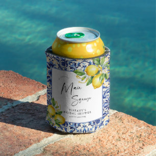 Mediterranean  Blue Tiles Lemons Bridal Shower Can Cooler