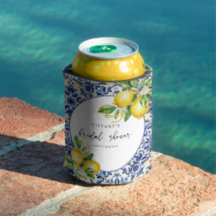 Mediterranean Blue Tiles Lemons Bridal Shower Can Cooler