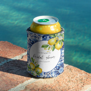 Mediterranean  Blue Tiles Lemons Bridal Shower Can Cooler