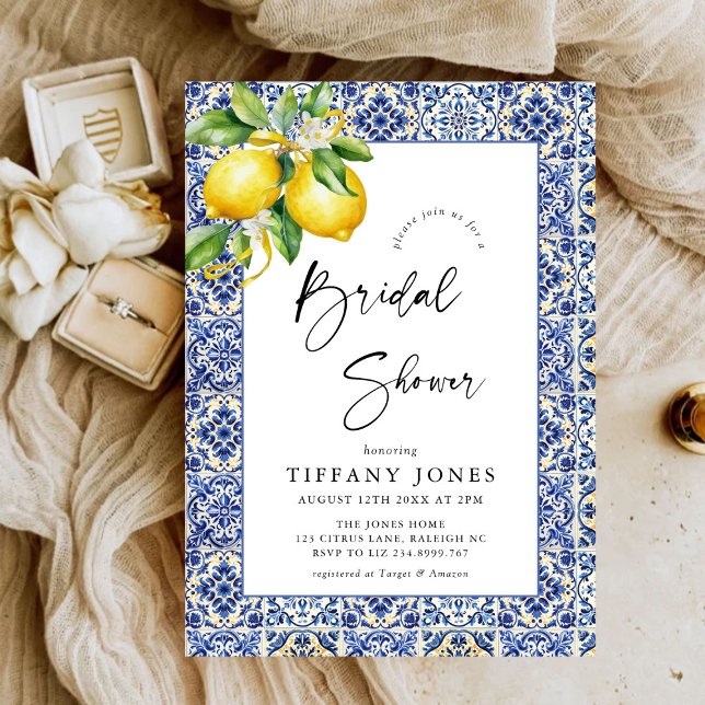 Mediterranean  Blue Tiles Lemons Bridal Shower Invitation (Creator Uploaded)