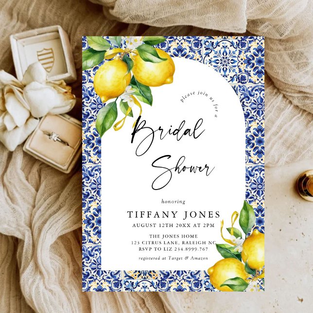 Mediterranean  Blue Tiles Lemons Bridal Shower Invitation (Creator Uploaded)