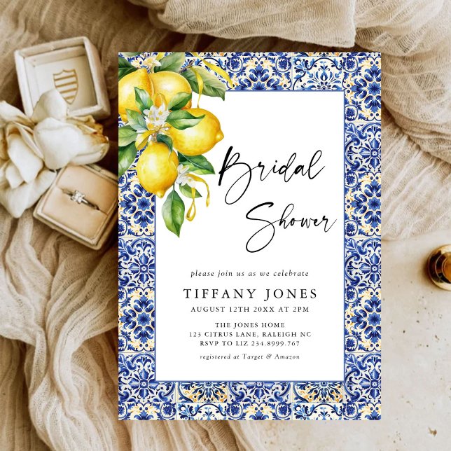 Mediterranean  Blue Tiles Lemons Bridal Shower Invitation (Creator Uploaded)