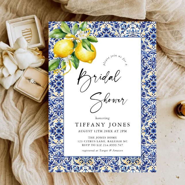 Mediterranean  Blue Tiles Lemons Bridal Shower Invitation (Creator Uploaded)
