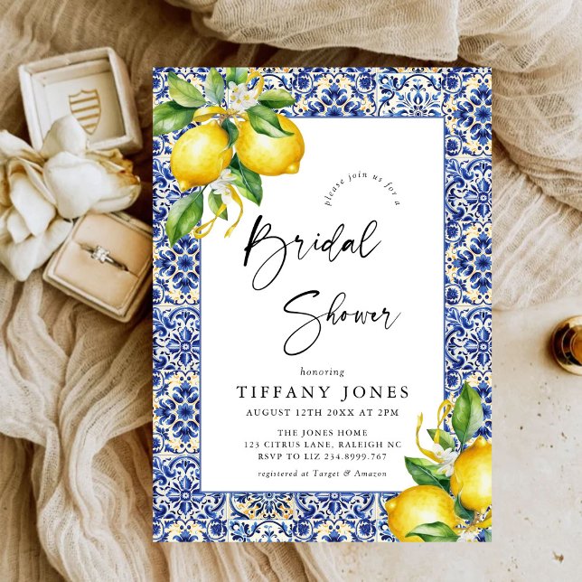 Mediterranean  Blue Tiles Lemons Bridal Shower Invitation (Creator Uploaded)