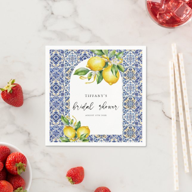 Mediterranean  Blue Tiles Lemons Bridal Shower Napkin (Insitu)