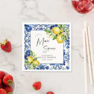 Mediterranean  Blue Tiles Lemons Bridal Shower Napkin