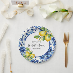Mediterranean Blue Tiles Lemons Bridal Shower Paper Plate