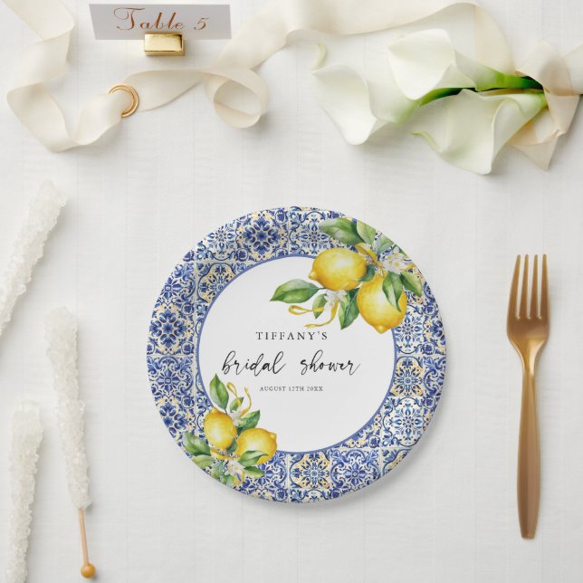 Mediterranean  Blue Tiles Lemons Bridal Shower Paper Plate (Wedding)