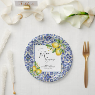 Mediterranean  Blue Tiles Lemons Bridal Shower Paper Plate