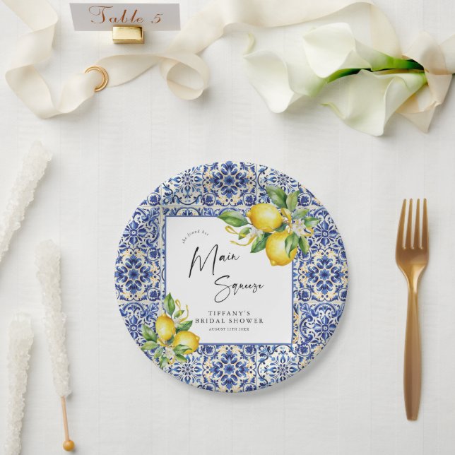 Mediterranean  Blue Tiles Lemons Bridal Shower Paper Plate (Wedding)