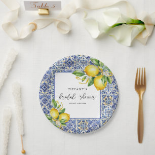 Mediterranean  Blue Tiles Lemons Bridal Shower Paper Plate