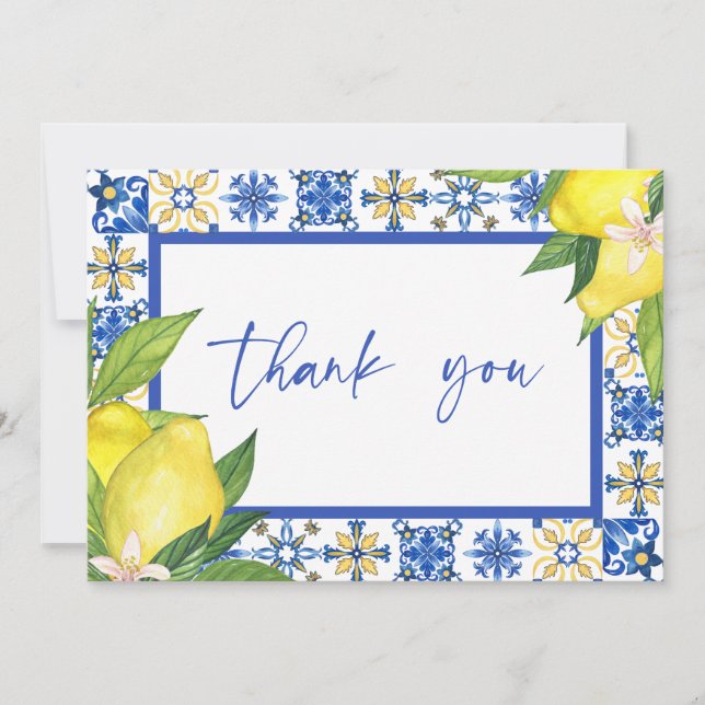 Mediterranean Blue Tiles Lemons Bridal Shower Sign Thank You Card (Front)