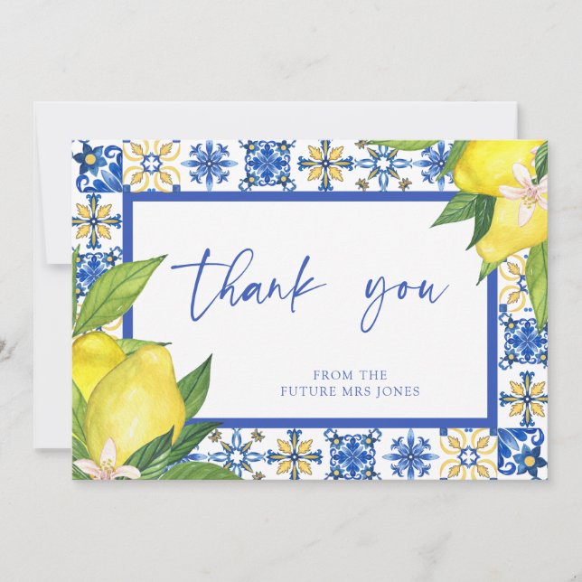 Mediterranean Blue Tiles Lemons Bridal Shower Sign Thank You Card (Front)