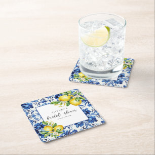 Mediterranean  Blue Tiles Lemons Bridal Shower Square Paper Coaster