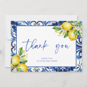 Mediterranean  Blue Tiles Lemons Bridal Shower Thank You Card
