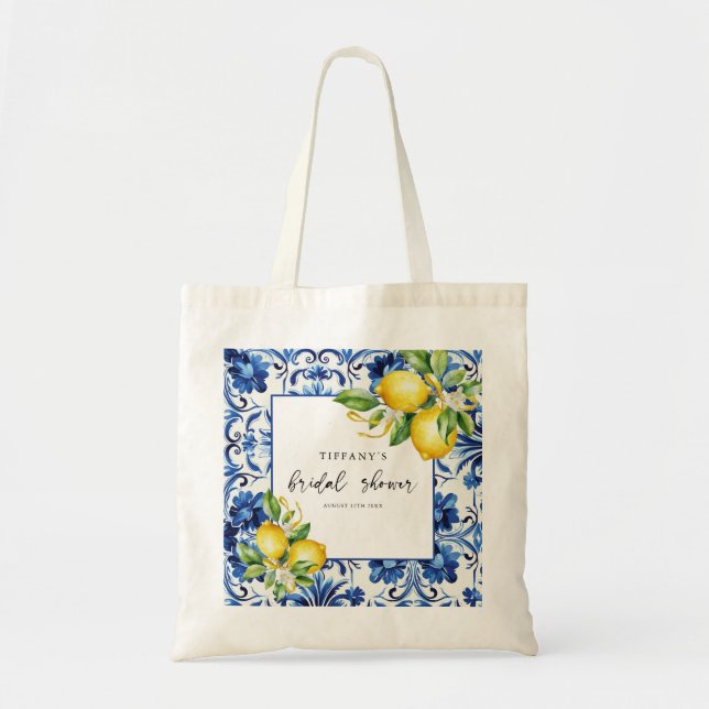 Mediterranean  Blue Tiles Lemons Bridal Shower Tote Bag (Front)