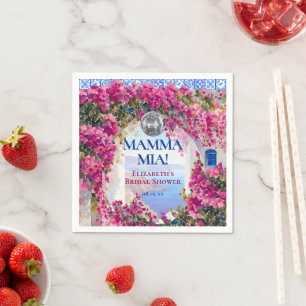 Mediterranean Blue Tiles Pink Flowers Disco Ball Napkin