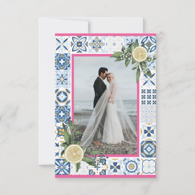 Mediterranean Blue Tiles Pink Lemon Photo Card (Front)