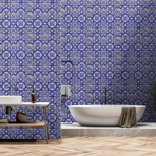 Mediterranean Blue Tiles Portuguese Azulejo   Wallpaper (Bathroom)