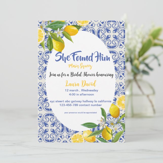 Mediterranean blue tiles watercolor bridal shower  invitation (Standing Front)