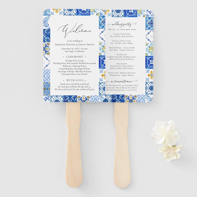 Mediterranean Blue Tiles Wedding Ceremony Program Hand Fan (Front and Back)