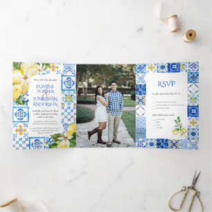 Mediterranean Blue Tiles / Yellow Lemons Wedding Tri-Fold Invitation