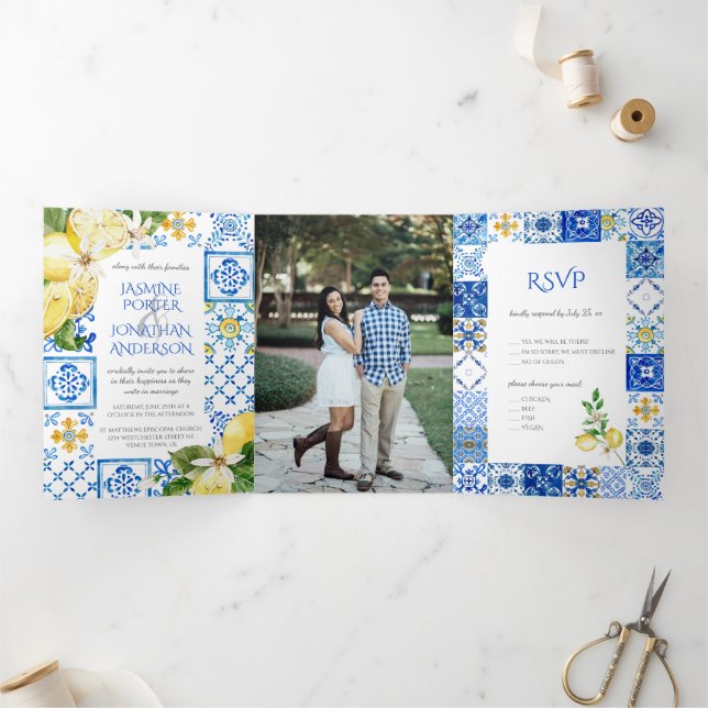 Mediterranean Blue Tiles / Yellow Lemons Wedding Tri-Fold Invitation (Inside)