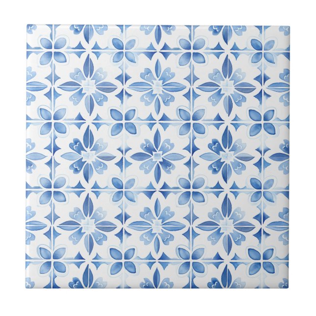 Mediterranean Blue Watercolor Pattern Tile (Front)