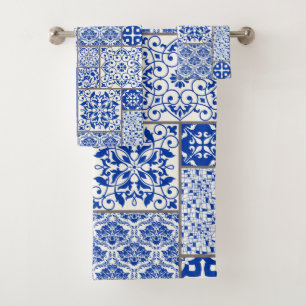 Mediterranean Blue & White Azulejo Majolica Mosaic Bath Towel Set