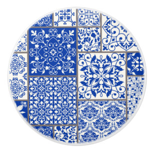 Mediterranean Blue & White Azulejo Majolica Mosaic Ceramic Knob