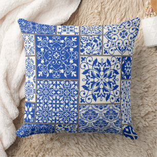 Mediterranean Blue & White Azulejo Majolica Mosaic Cushion
