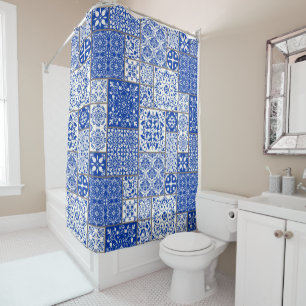 Mediterranean Blue & White Azulejo Majolica Tiles Shower Curtain