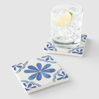 Mediterranean Blue & White Italian Mosaic Floral Stone Coaster