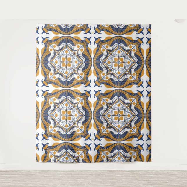 Mediterranean Blue White Lemon Tapestry (Front)