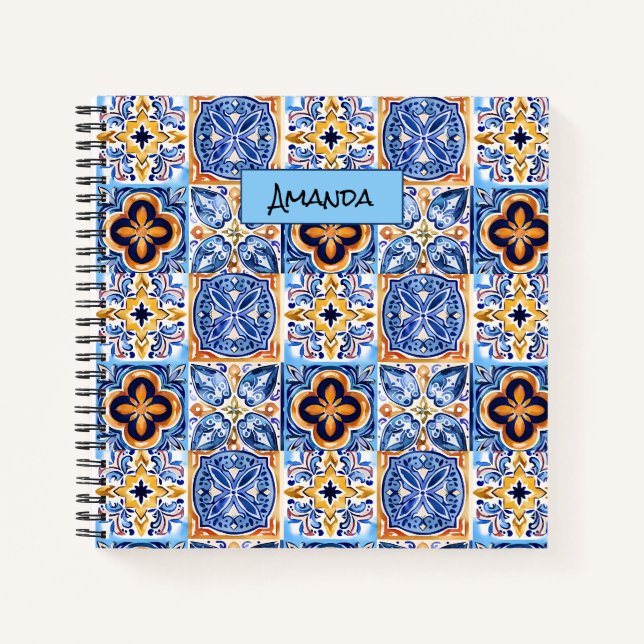 Mediterranean Blue White Sicilian Tile Pattern Notebook (Front)