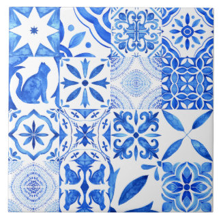 Mediterranean Blue White Tile Pattern Watercolor 
