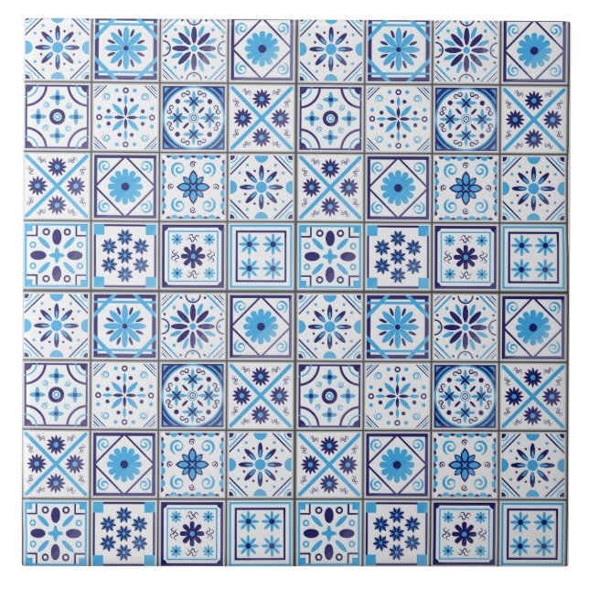 Mediterranean Blue White Tile Pattern Watercolor  (Front)