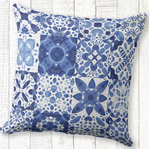 Mediterranean Blue White Tile Pattern Watercolor Cushion