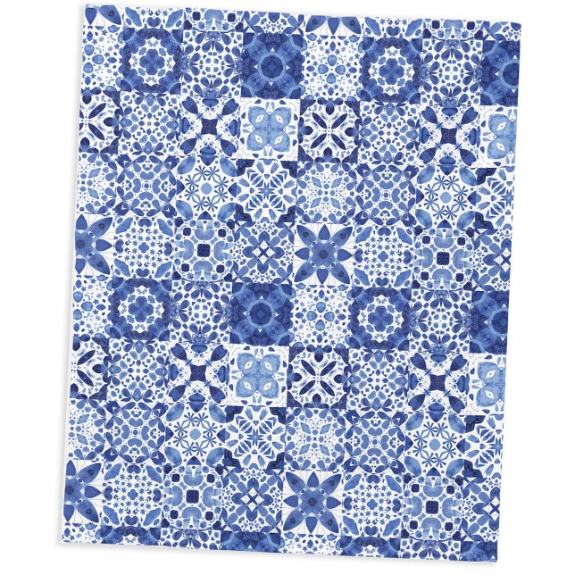 Mediterranean Blue White Tile Pattern Watercolor Fleece Blanket (Blue and white watercolor 
Mediterranean tile pattern fleece blanket)
