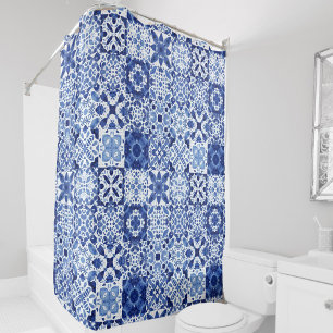 Mediterranean Blue White Tile Pattern Watercolor Shower Curtain