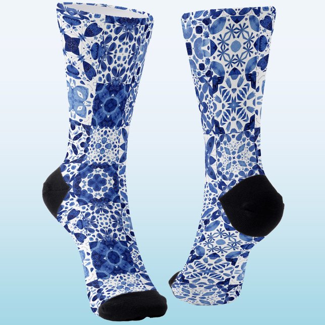 Mediterranean Blue White Tile Pattern Watercolor Socks (Blue and white Mediterranean tile pattern socks)