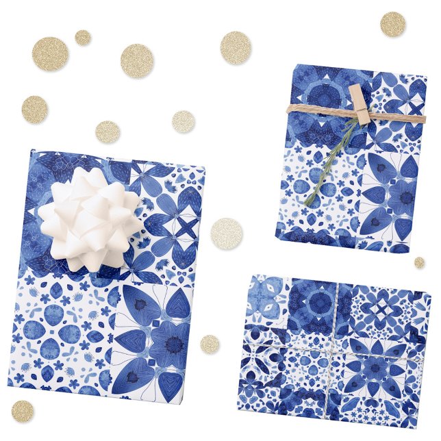 Mediterranean Blue White Tile Pattern Watercolor Wrapping Paper Sheet (Mediterranean tile pattern blue and white geometric watercolor gift wrap paper sheets)